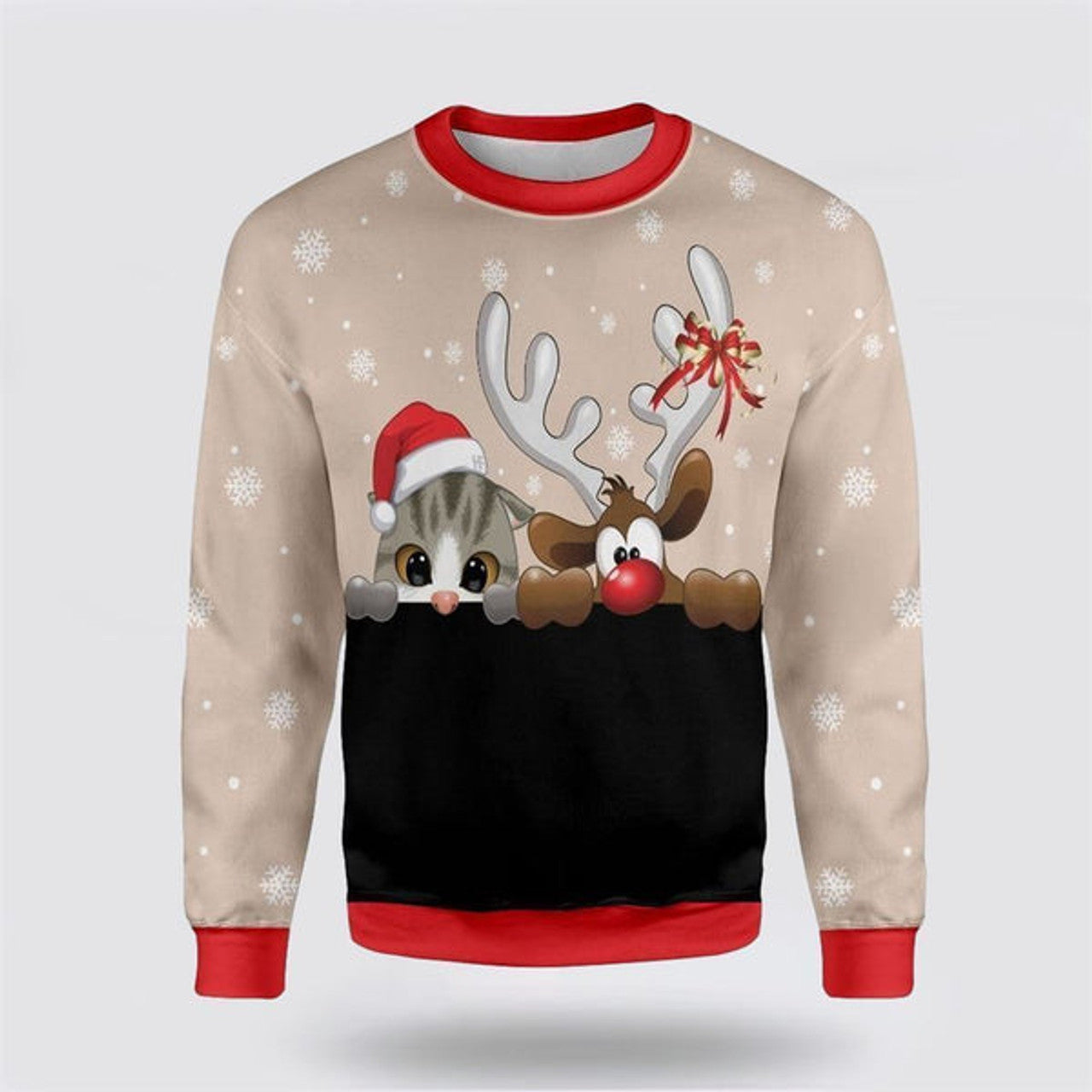 FUNSTUFFPRINT Cat And Reindeer Ugly Christmas Sweater For Men And Women, Best Gift For Christmas, Christmas Fashion Winter Ugly  Sweater