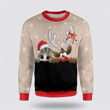 FUNSTUFFPRINT Cat And Reindeer Ugly Christmas Sweater For Men And Women, Best Gift For Christmas, Christmas Fashion Winter Ugly  Sweater
