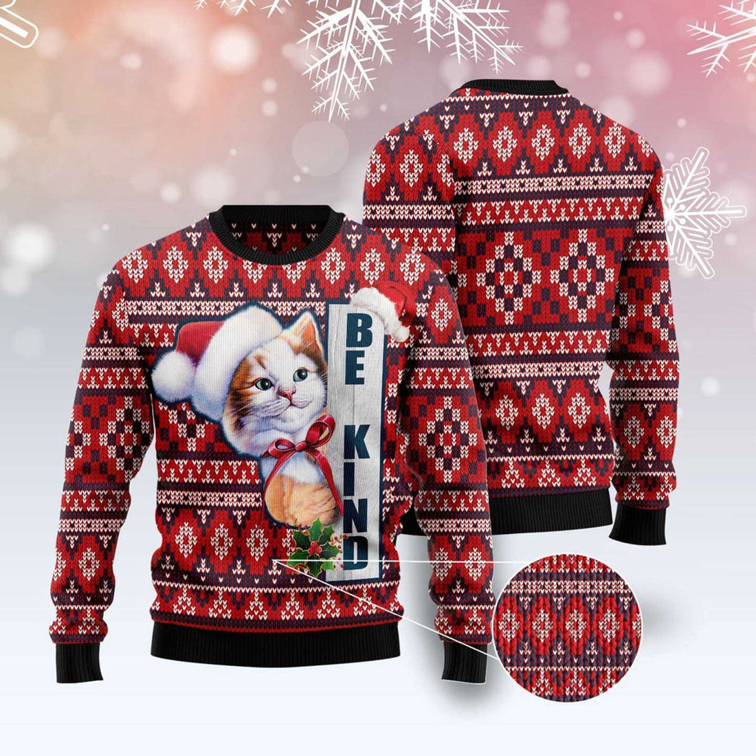 FUNSTUFFPRINT Cat Be Kind Ugly Christmas Sweater, Christmas Cat Ugly Sweater, Ugly Cat Xmas Sweater Ugly Sweater