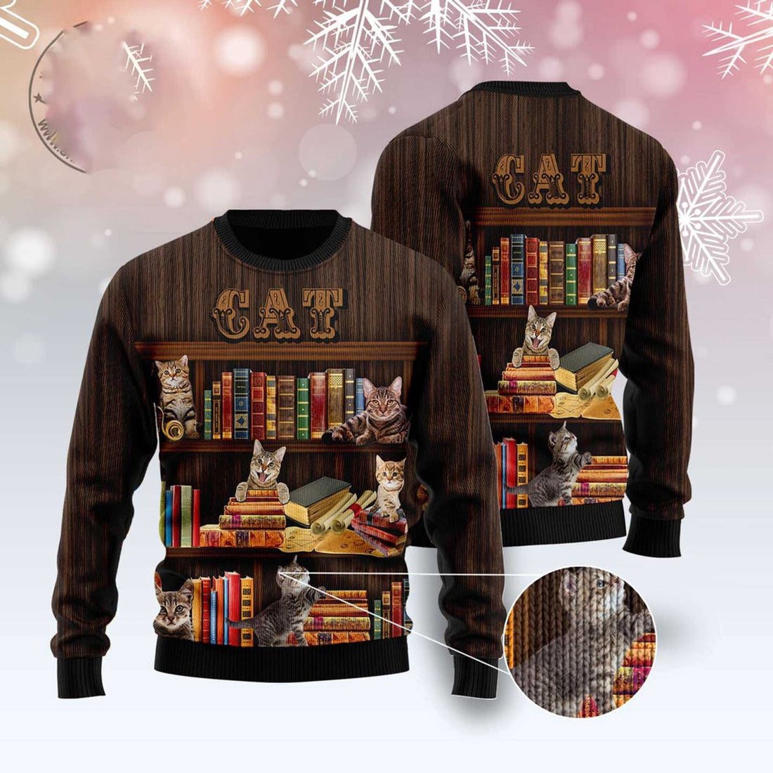 FUNSTUFFPRINT Cat Bookcase Ugly Christmas Sweater – Cat Lover Christmas Sweater Ugly  Sweater