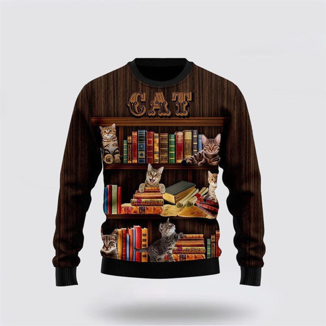 FUNSTUFFPRINT Cat Bookcase Ugly Christmas Sweater For Men And Women, Best Gift For Christmas, Christmas Fashion Winter Ugly  Sweater