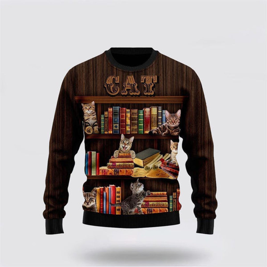 FUNSTUFFPRINT Cat Bookcase Ugly Christmas Sweater For Men And Women, Best Gift For Christmas, Christmas Fashion Winter Ugly  Sweater