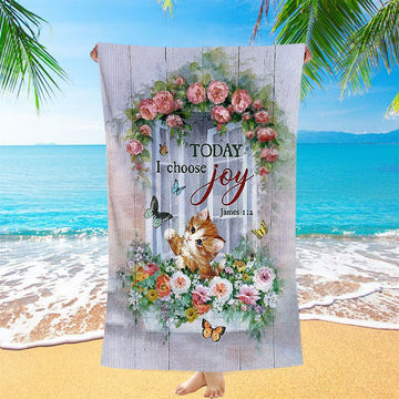 Cat Butterflies Today I Choose Joy Beach Towel - Christian Beach Towel - Gift For Cat Lover