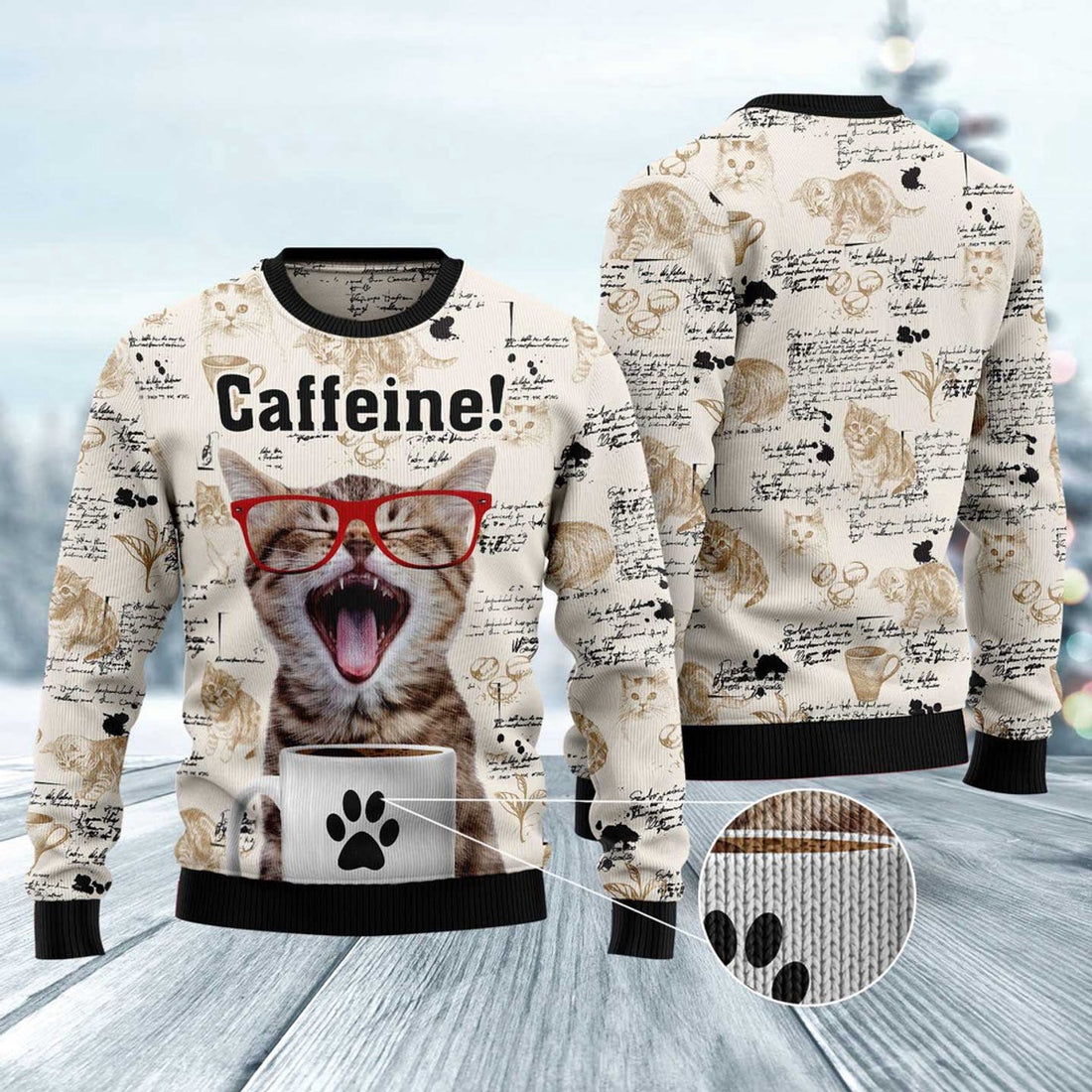 FUNSTUFFPRINT Cat Caffeine Ugly Christmas Sweater, Christmas Cat Ugly Sweater, Ugly Cat Xmas Sweater Ugly Sweater