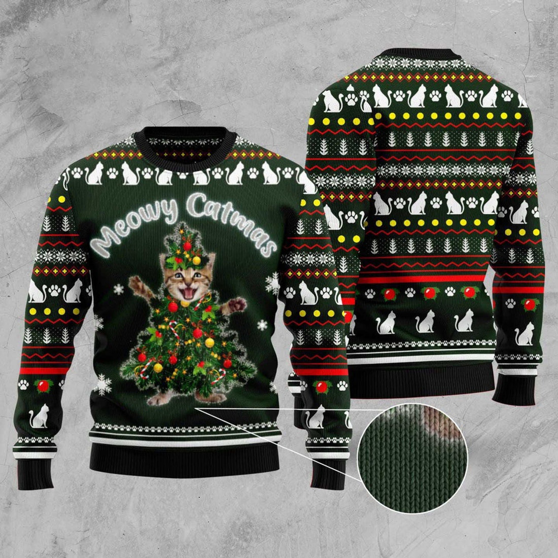 FUNSTUFFPRINT Cat Christmas Tree Meowy Catmas Ugly Christmas Sweater, Christmas Cat Ugly Sweater, Ugly Cat Xmas Sweater Ugly Sweater
