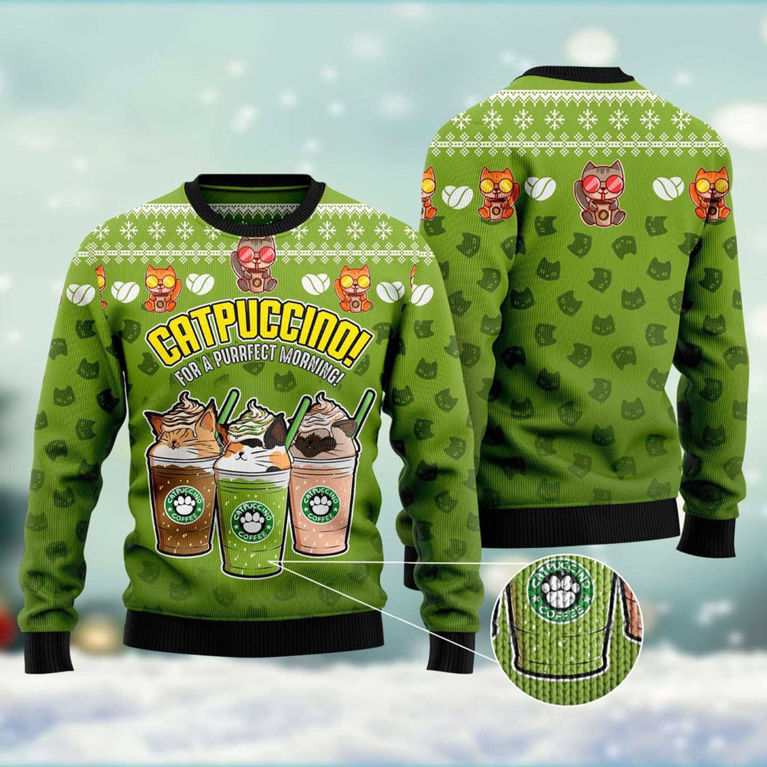 FUNSTUFFPRINT Cat Coffee Ugly Christmas Sweater, Christmas Cat Ugly Sweater, Ugly Cat Xmas Sweater Ugly Sweater