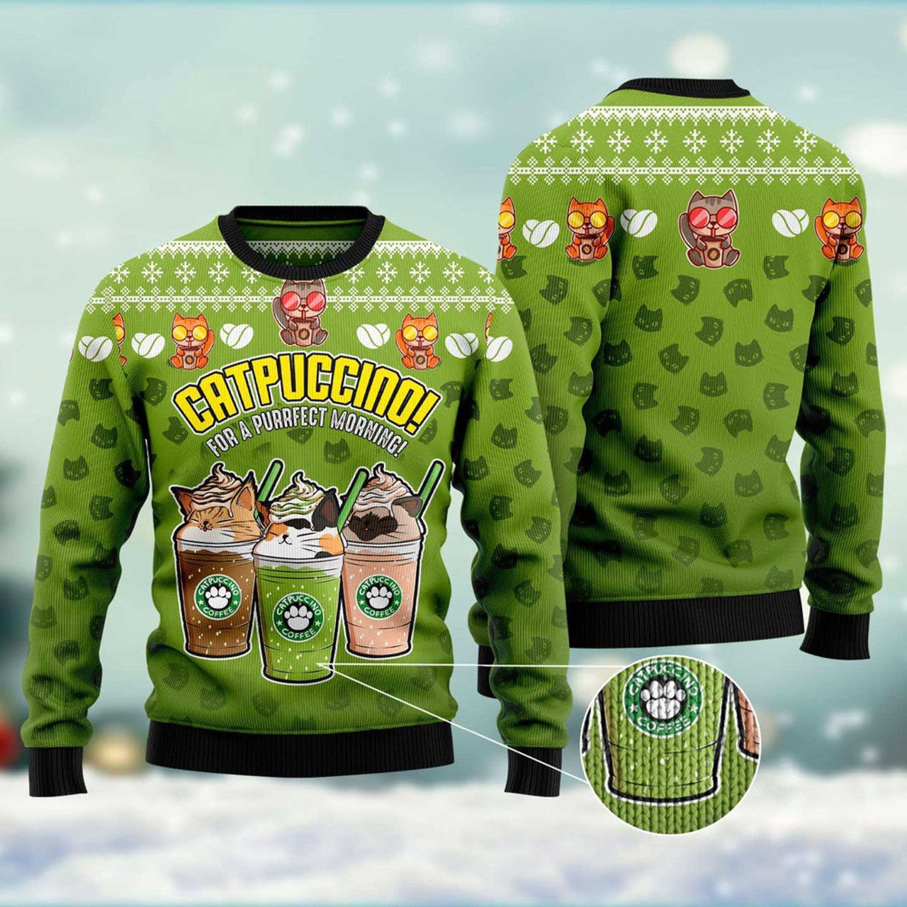 FUNSTUFFPRINT Cat Coffee Ugly Christmas Sweater, Christmas Cat Ugly Sweater, Ugly Cat Xmas Sweater Ugly Sweater
