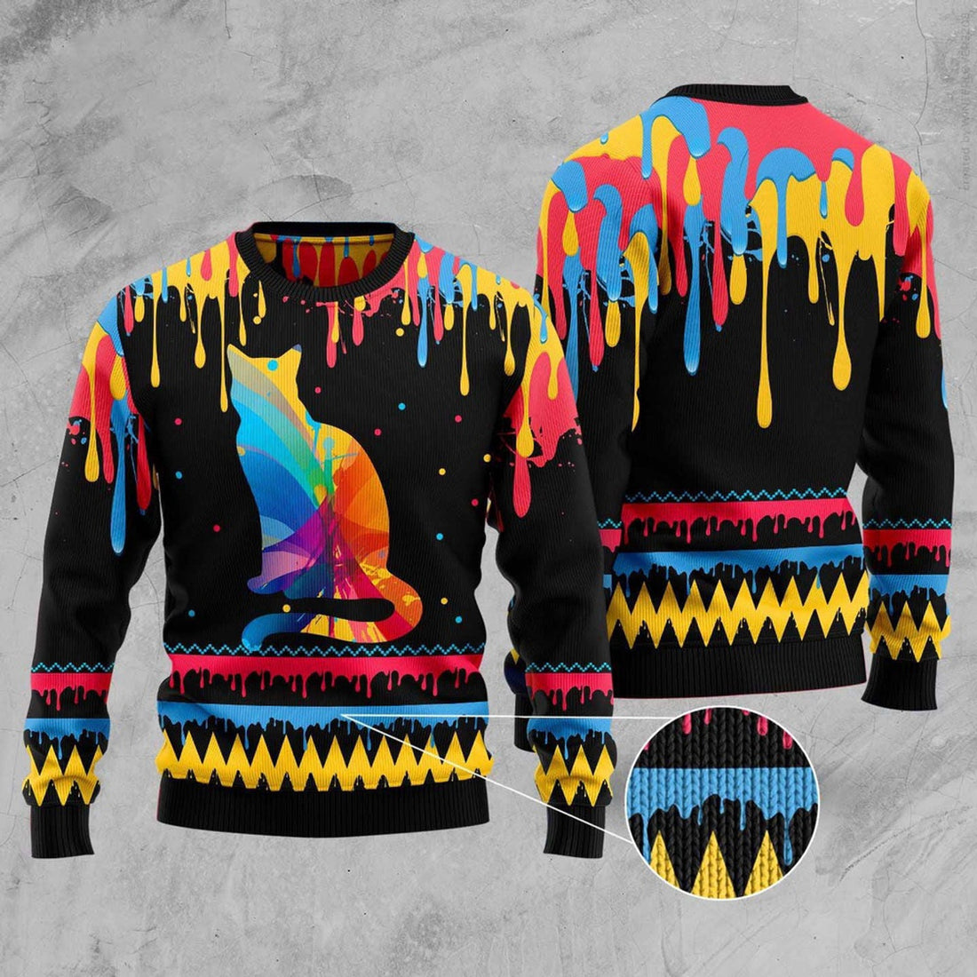 FUNSTUFFPRINT Cat Colorful Beauty Ugly Christmas Sweater, Christmas Cat Ugly Sweater, Ugly Cat Xmas Sweater Ugly Sweater