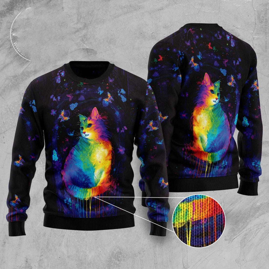 FUNSTUFFPRINT Cat Colorful Ugly Christmas Sweater, Christmas Cat Ugly Sweater, Ugly Cat Xmas Sweater Ugly Sweater