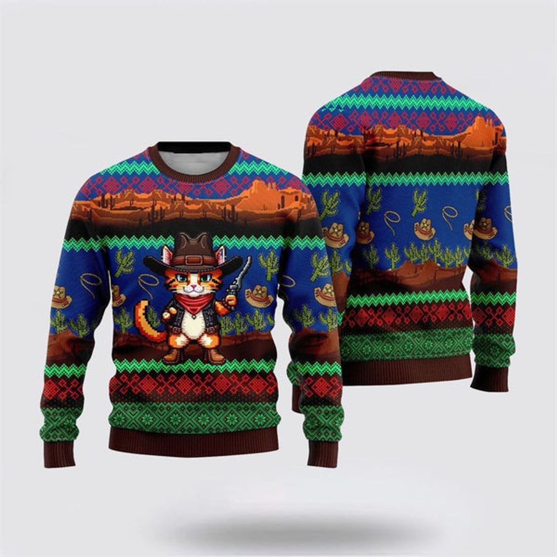 FUNSTUFFPRINT Cat Cowboy Cactus Ugly Christmas Sweater For Men And Women, Best Gift For Christmas, Christmas Fashion Winter Ugly  Sweater