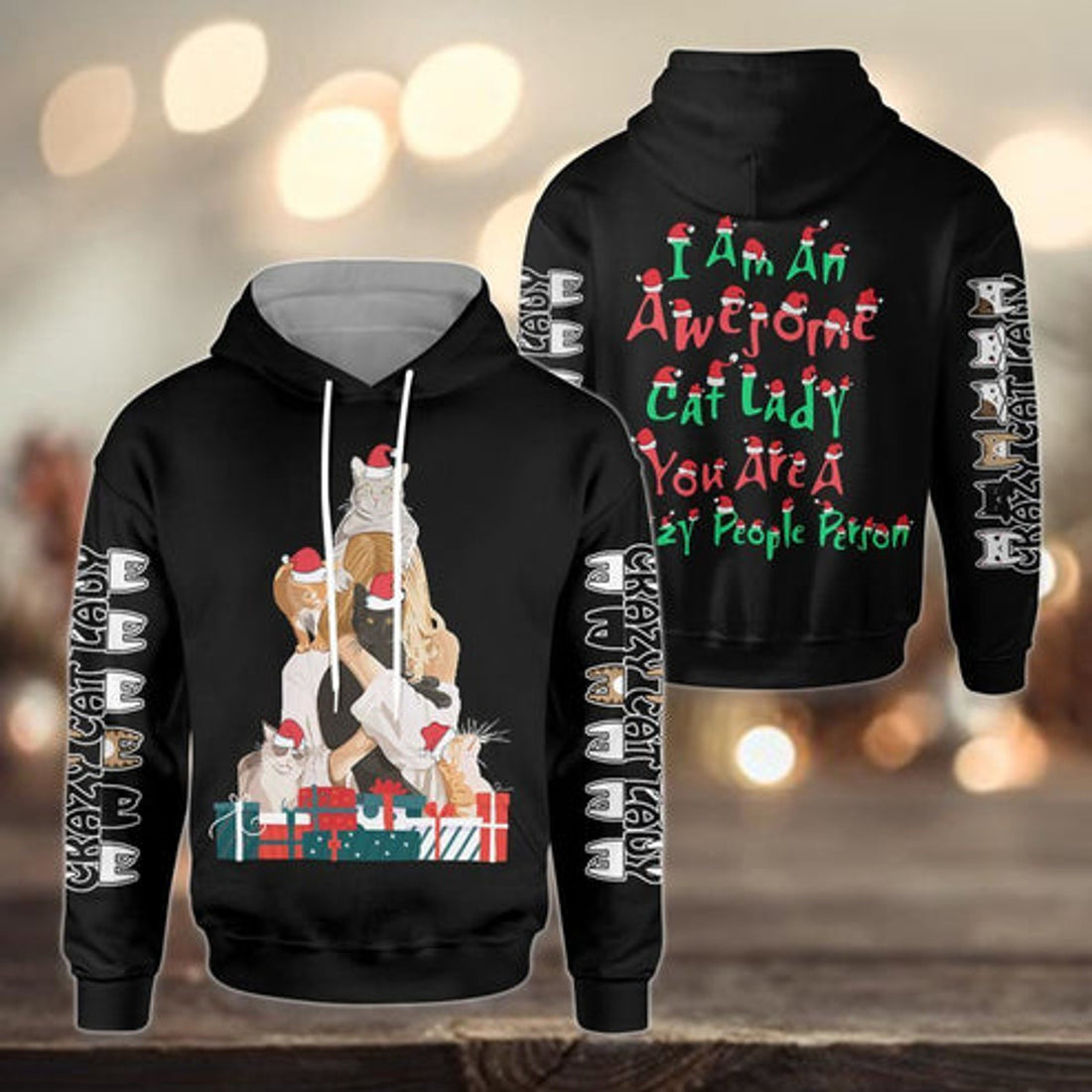 FUNSTUFFPRINT 3D Cat Crazy Cat Lady Christmas All Over 3D Hoodie and Zip Hoodie