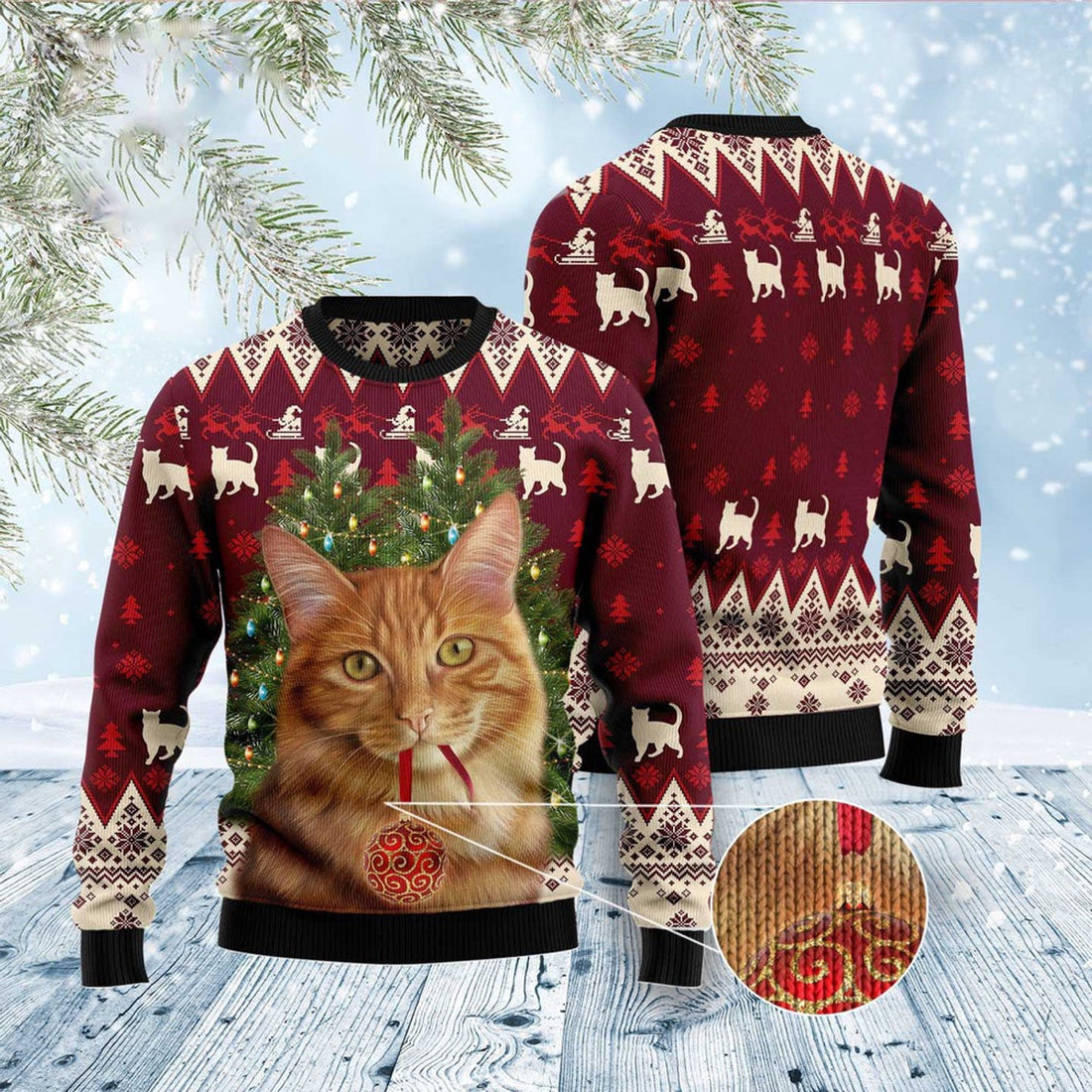 FUNSTUFFPRINT Cat Decor Pine Ugly Christmas Sweater, Christmas Cat Ugly Sweater, Ugly Cat Xmas Sweater Ugly Sweater
