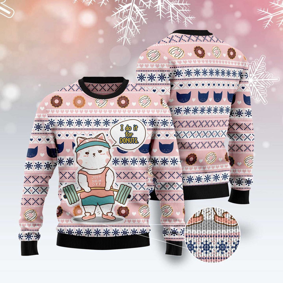 FUNSTUFFPRINT Cat I Do It For Donuts Ugly Christmas Sweater – Cat Lover Christmas Sweater Ugly  Sweater