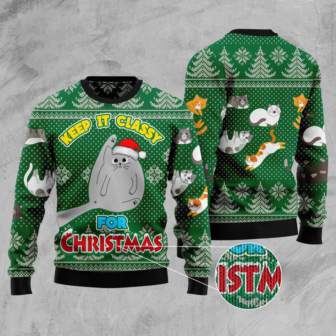 FUNSTUFFPRINT Cat Keep It Classy For Christmas Ugly Christmas Sweater, Christmas Cat Ugly Sweater, Ugly Cat Xmas Sweater Ugly Sweater