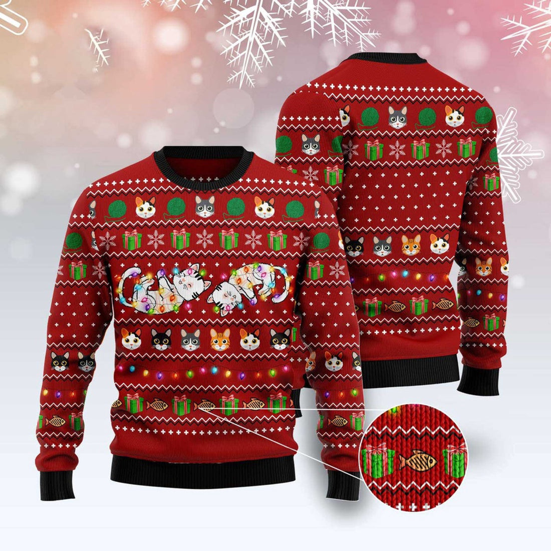 FUNSTUFFPRINT Cat Light Ugly Christmas Sweater, Christmas Cat Ugly Sweater, Ugly Cat Xmas Sweater Ugly Sweater