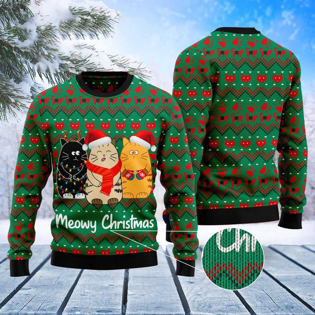 FUNSTUFFPRINT Cat Meowy Christmas Ugly Christmas Sweater, Christmas Cat Ugly Sweater, Ugly Cat Xmas Sweater Ugly Sweater