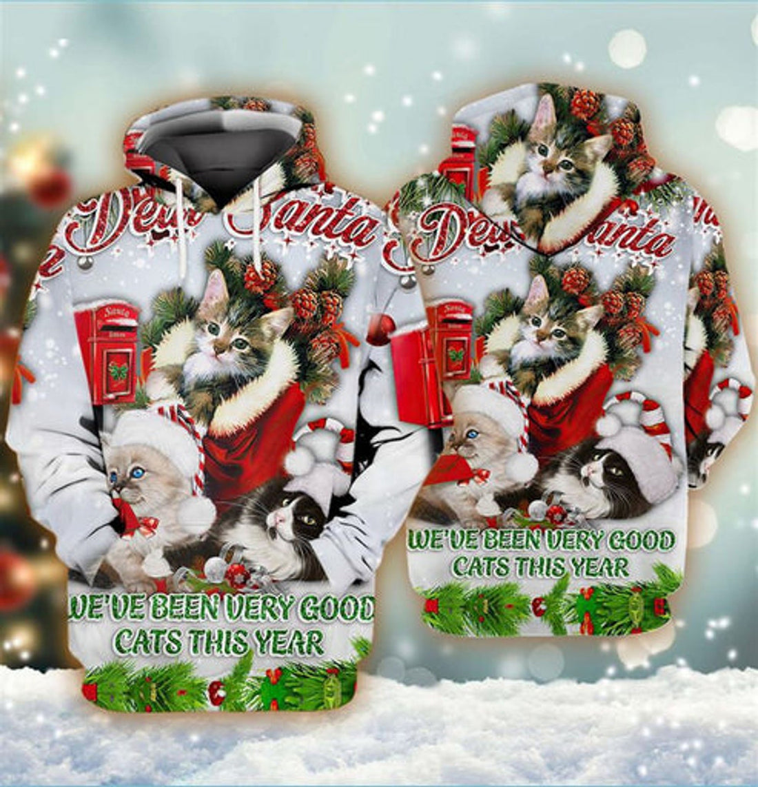 FUNSTUFFPRINT 3D Cat Merry Christmas All Over 3D Hoodie and Zip Hoodie