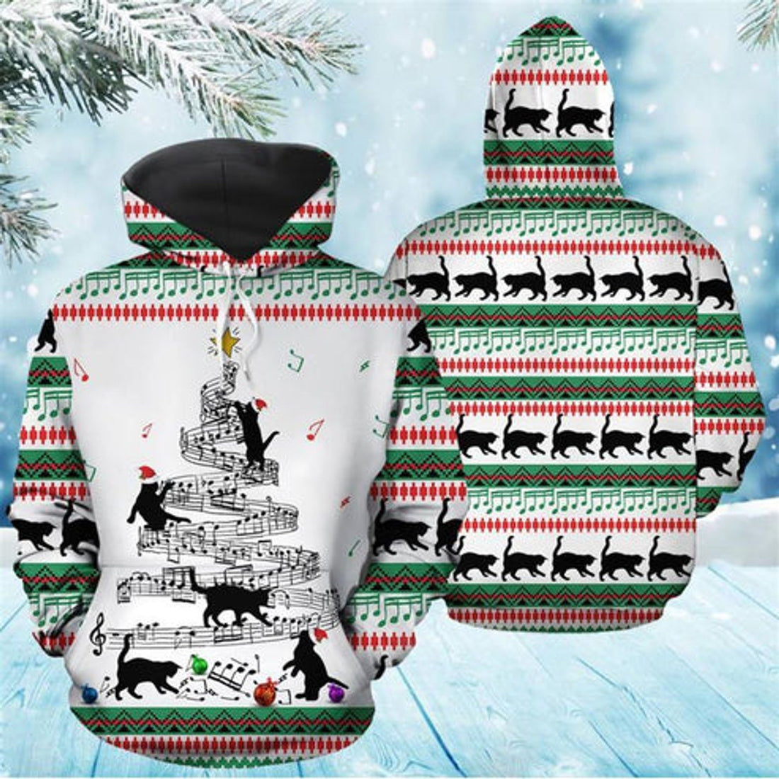 FUNSTUFFPRINT 3D Cat Music Christmas All Over 3D Hoodie and Zip Hoodie