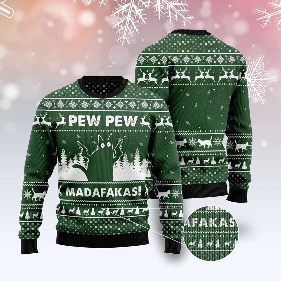FUNSTUFFPRINT Cat Pew Pew Madafakas Ugly Christmas Sweater, Christmas Cat Ugly Sweater, Ugly Cat Xmas Sweater Ugly Sweater