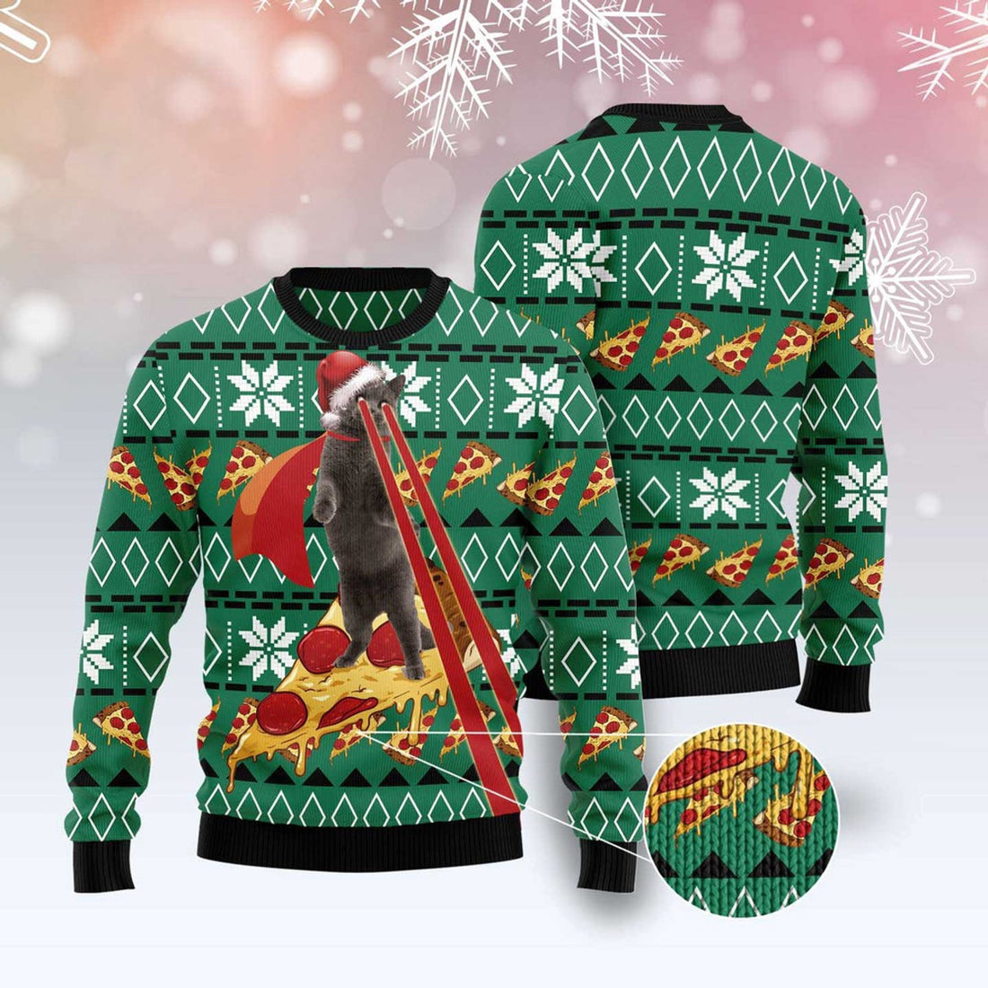 FUNSTUFFPRINT Cat Pizza Ugly Christmas Sweater, Christmas Cat Ugly Sweater, Ugly Cat Xmas Sweater Ugly Sweater