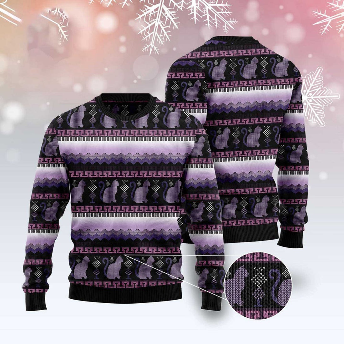 FUNSTUFFPRINT Cat Purple Pattern Ugly Christmas Sweater, Christmas Cat Ugly Sweater, Ugly Cat Xmas Sweater Ugly Sweater
