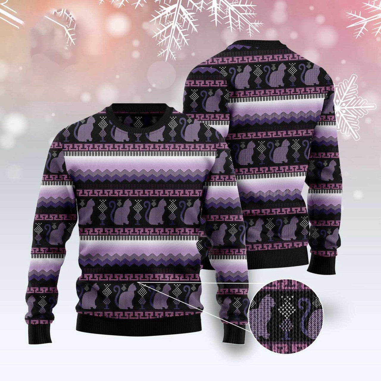 FUNSTUFFPRINT Cat Purple Pattern Ugly Christmas Sweater, Christmas Cat Ugly Sweater, Ugly Cat Xmas Sweater Ugly Sweater