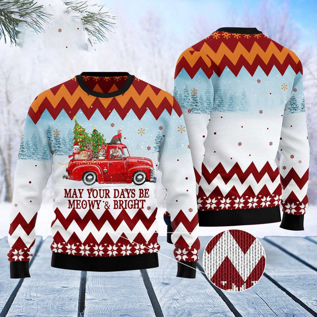 FUNSTUFFPRINT Cat Red Truck Ugly Christmas Sweater, Christmas Cat Ugly Sweater, Ugly Cat Xmas Sweater Ugly Sweater