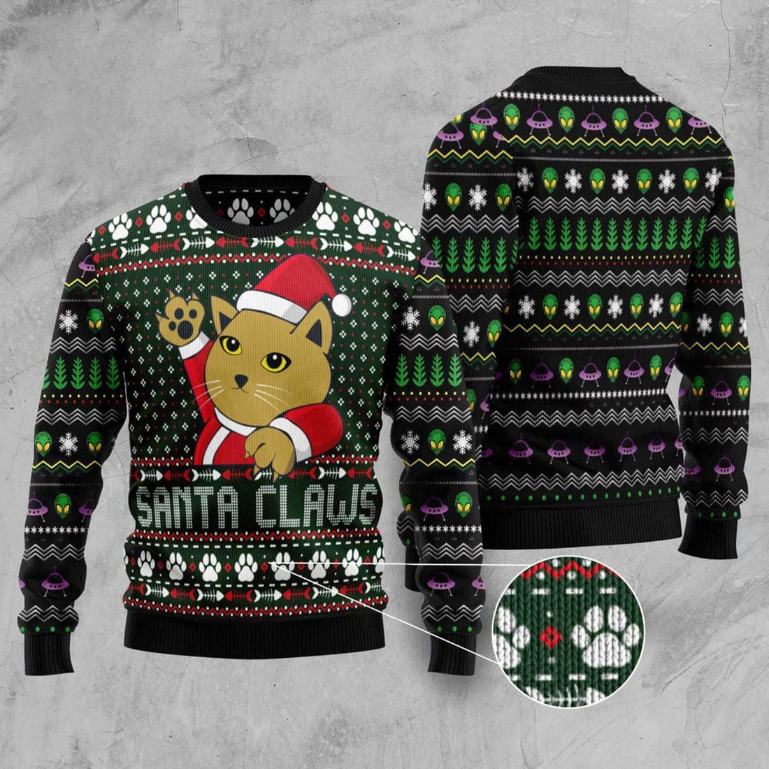 FUNSTUFFPRINT Cat Santa Jaws Ugly Christmas Sweater, Christmas Cat Ugly Sweater, Ugly Cat Xmas Sweater Ugly Sweater