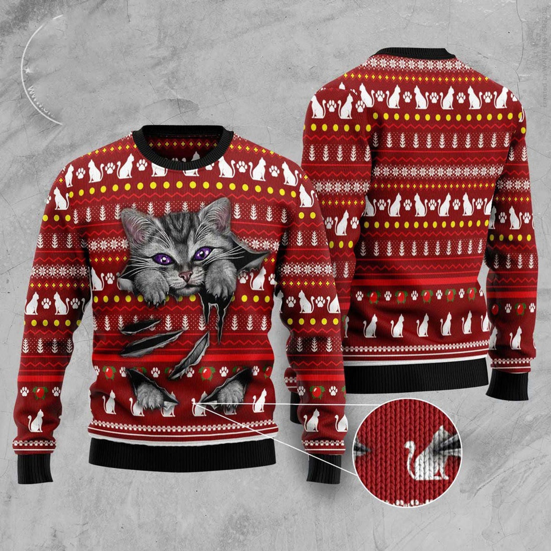 FUNSTUFFPRINT Cat Scratch Ugly Christmas Sweater, Christmas Cat Ugly Sweater, Ugly Cat Xmas Sweater Ugly Sweater