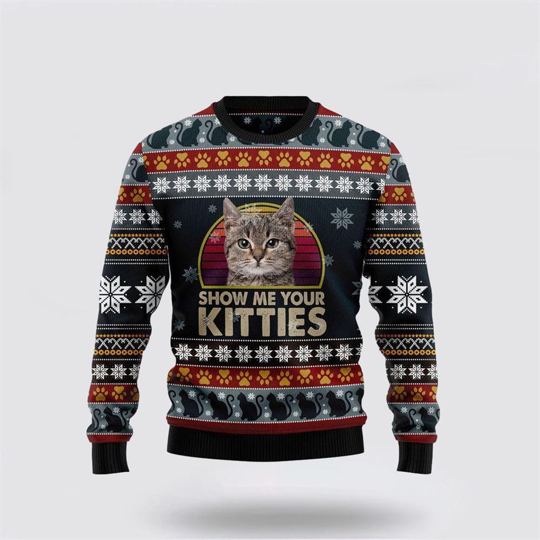 FUNSTUFFPRINT Cat Show Me Your Kitties Funny Family Ugly Christmas Sweater – Cat Lover Christmas Sweater Ugly  Sweater