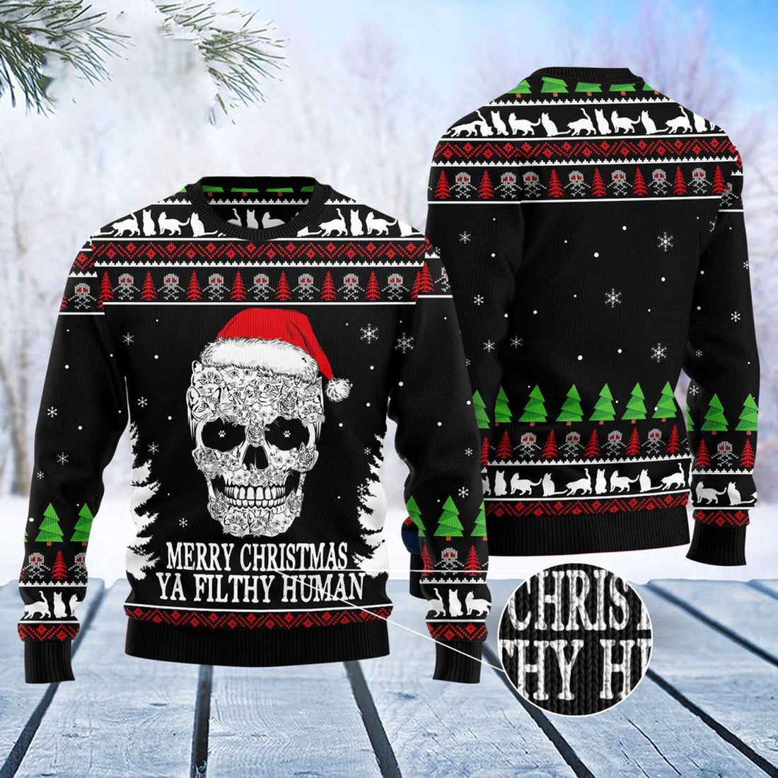 FUNSTUFFPRINT Cat Skull Santa Ugly Christmas Sweater, Christmas Cat Ugly Sweater, Ugly Cat Xmas Sweater Ugly Sweater