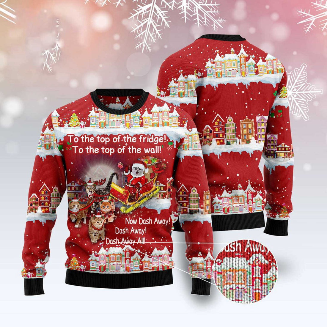FUNSTUFFPRINT Cat Sleigh Christmas Ugly Christmas Sweater, Christmas Cat Ugly Sweater, Ugly Cat Xmas Sweater Ugly Sweater