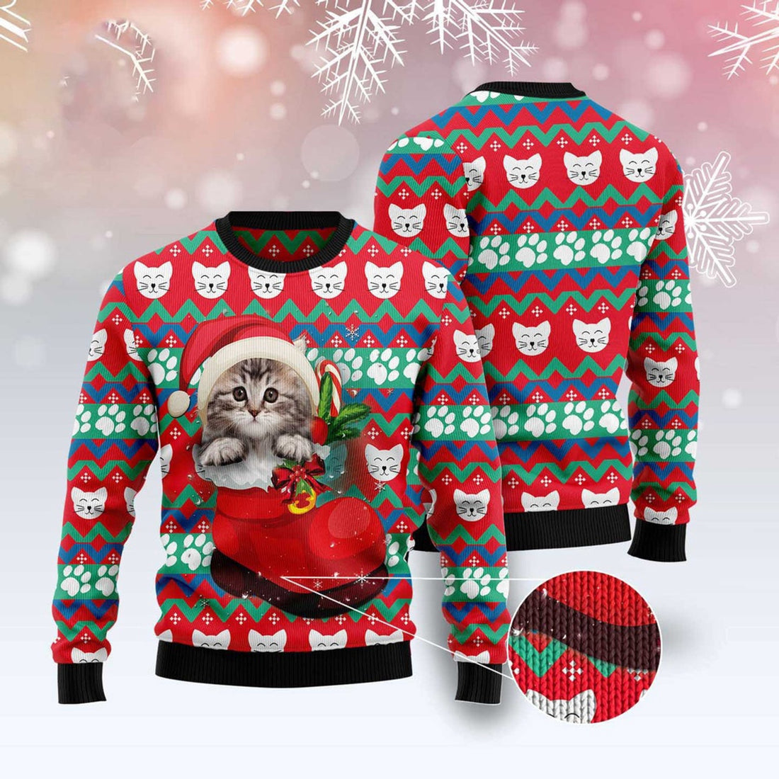 FUNSTUFFPRINT Cat Socks Ugly Christmas Sweater, Christmas Cat Ugly Sweater, Ugly Cat Xmas Sweater Ugly Sweater