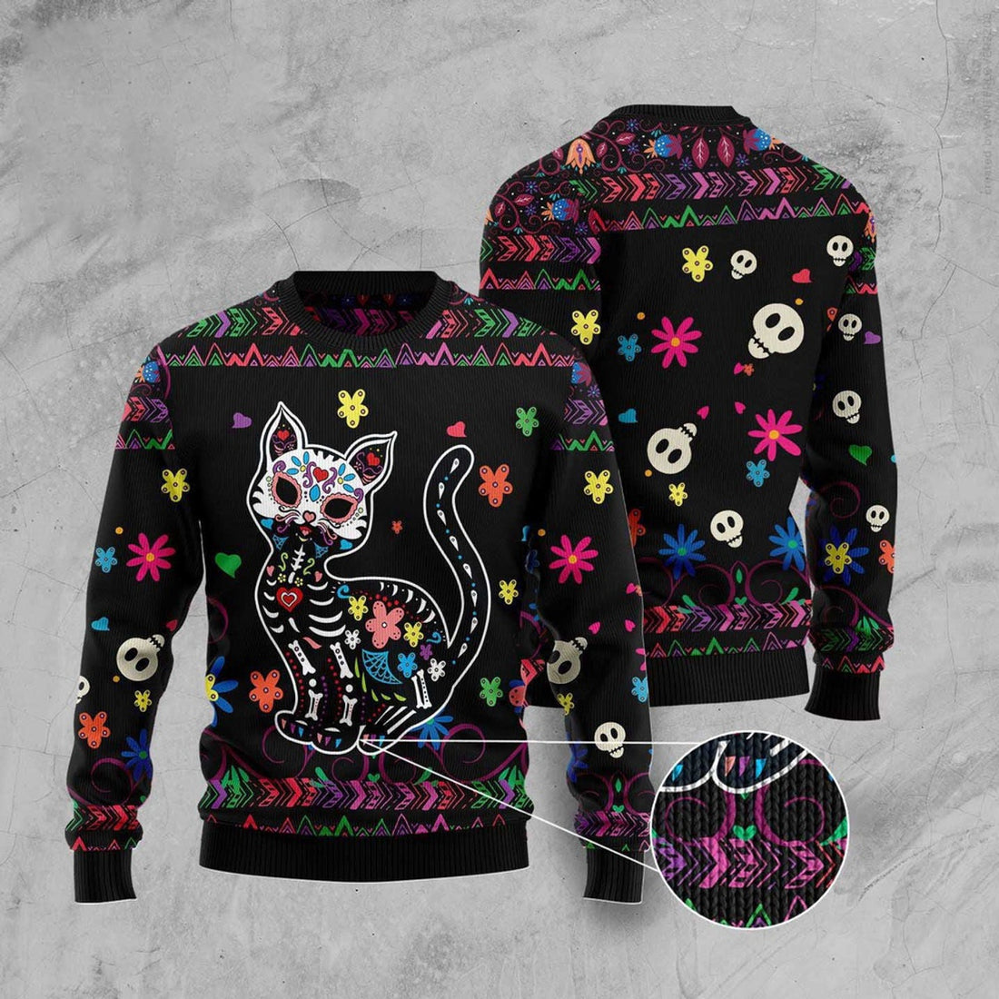 FUNSTUFFPRINT Cat Sugar Skull Ugly Christmas Sweater, Christmas Cat Ugly Sweater, Ugly Cat Xmas Sweater Ugly Sweater