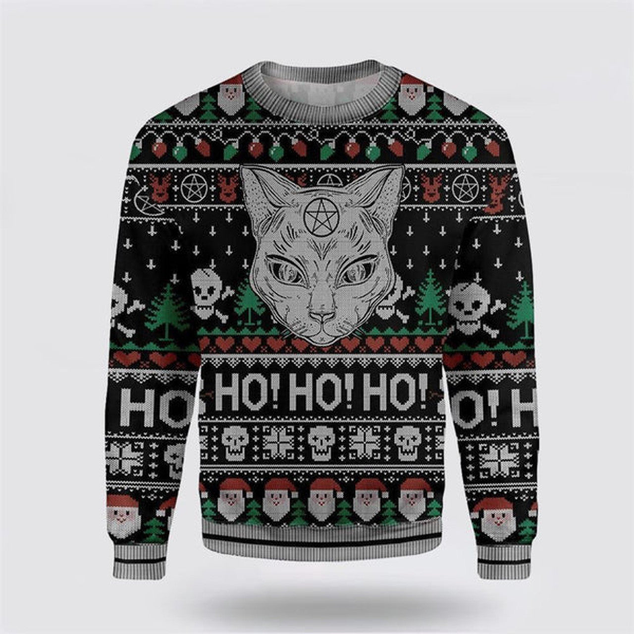 FUNSTUFFPRINT Cat Sweater Wicca Black Cat Ho Ho Ho Christmas Pattern Ugly Christmas Sweater For Men And Women, Best Gift For Christmas, Christmas Fashion Winter Ugly  Sweater