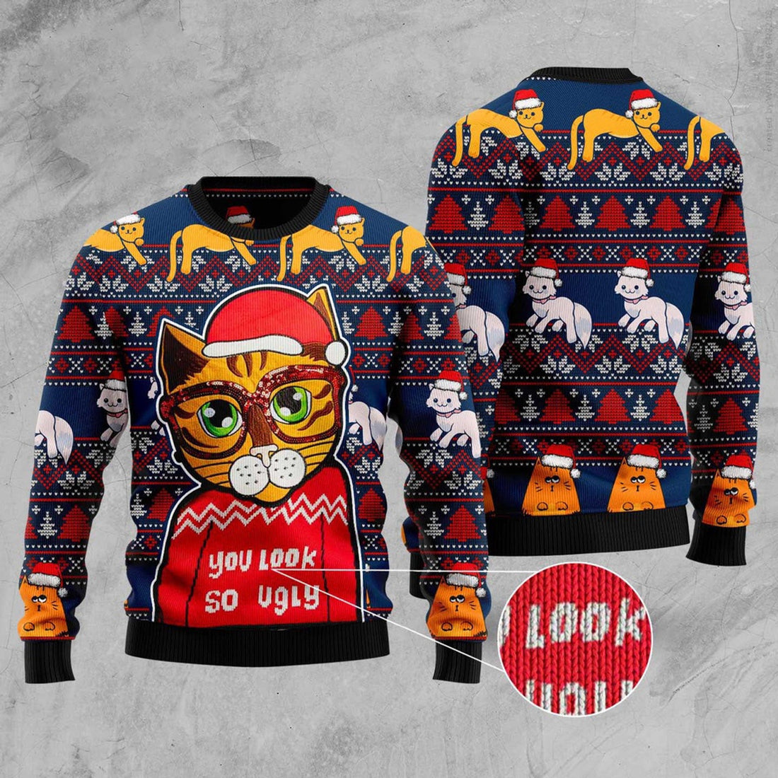FUNSTUFFPRINT Cat You Look So Ugly Ugly Christmas Sweater, Christmas Cat Ugly Sweater, Ugly Cat Xmas Sweater Ugly Sweater