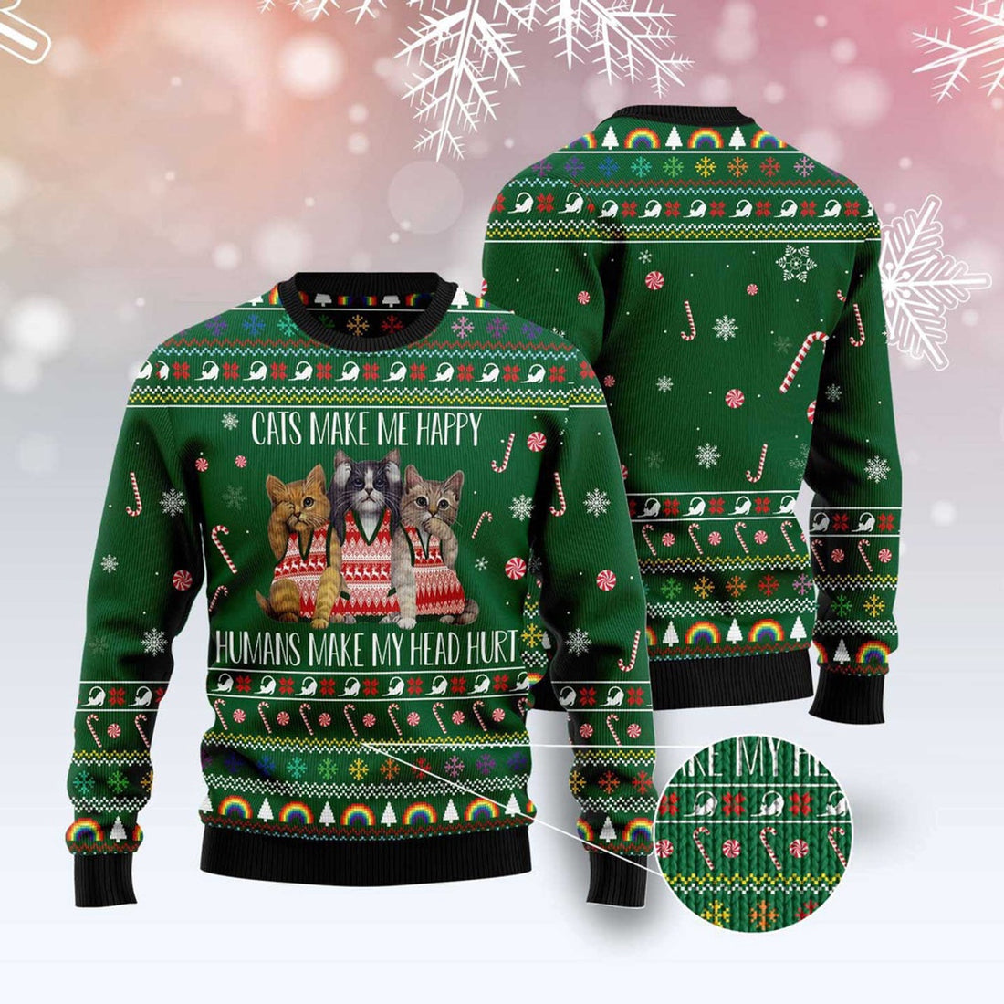 FUNSTUFFPRINT Cats Make Me Happy Ugly Christmas Sweater, Christmas Cat Ugly Sweater, Ugly Cat Xmas Sweater Ugly Sweater