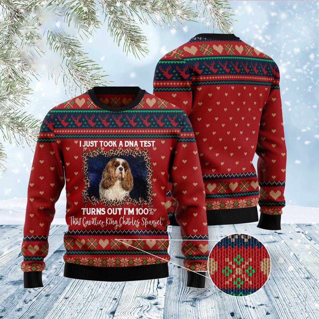 FUNSTUFFPRINT Cavalier King Charles Spaniel Dna Ugly Christmas Sweater, Christmas Sweater, Ugly Sweater, Funny Xmas Sweaters Ugly Sweater