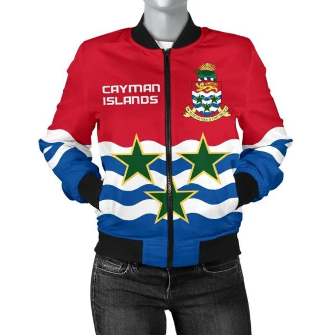 FUNSTUFFPRINT Cayman Islands Women Bomber Jacket Coat of Arms 3D Bomber Jacket