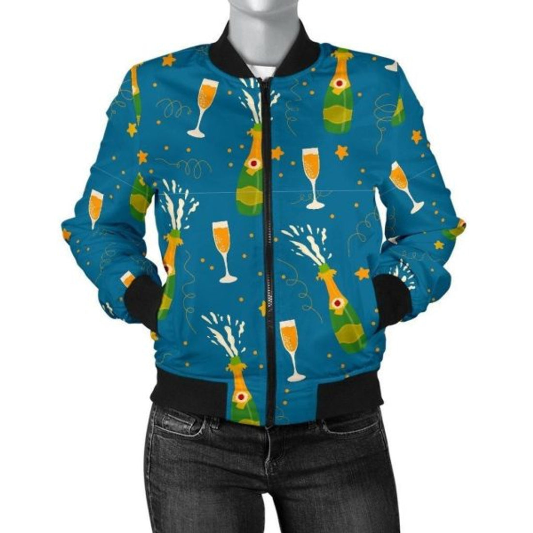 FUNSTUFFPRINT Celebrate Champagne Print Pattern Women Casual 3D Bomber Jacket