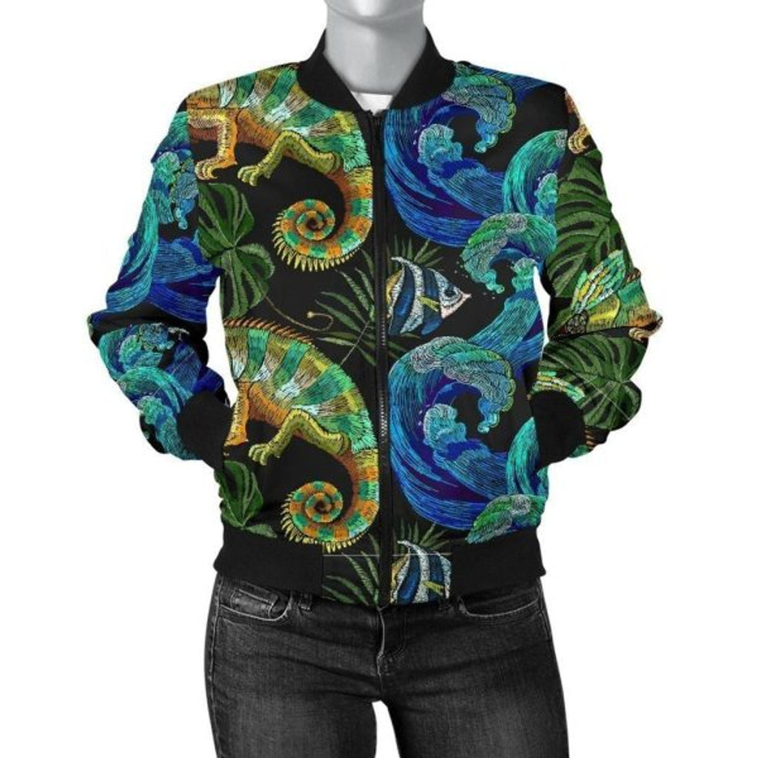 FUNSTUFFPRINT Chameleon Pattern Print Women Casual 3D Bomber Jacket