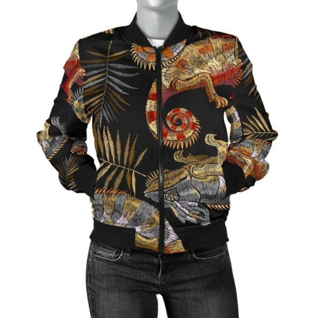 FUNSTUFFPRINT Chameleon Print Pattern Women Casual 3D Bomber Jacket