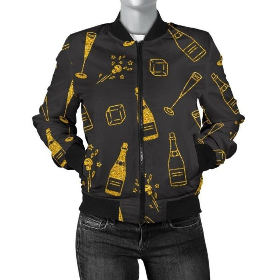 FUNSTUFFPRINT Champagne Gold Glitter Pattern Print Women Casual 3D Bomber Jacket