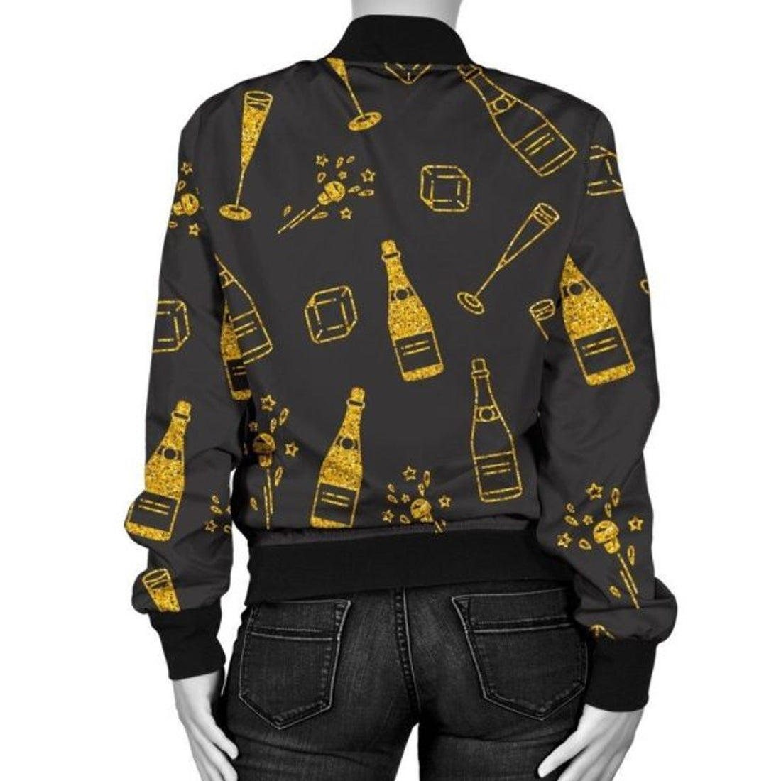 FUNSTUFFPRINT Champagne Gold Glitter Pattern Print Women Casual 3D Bomber Jacket