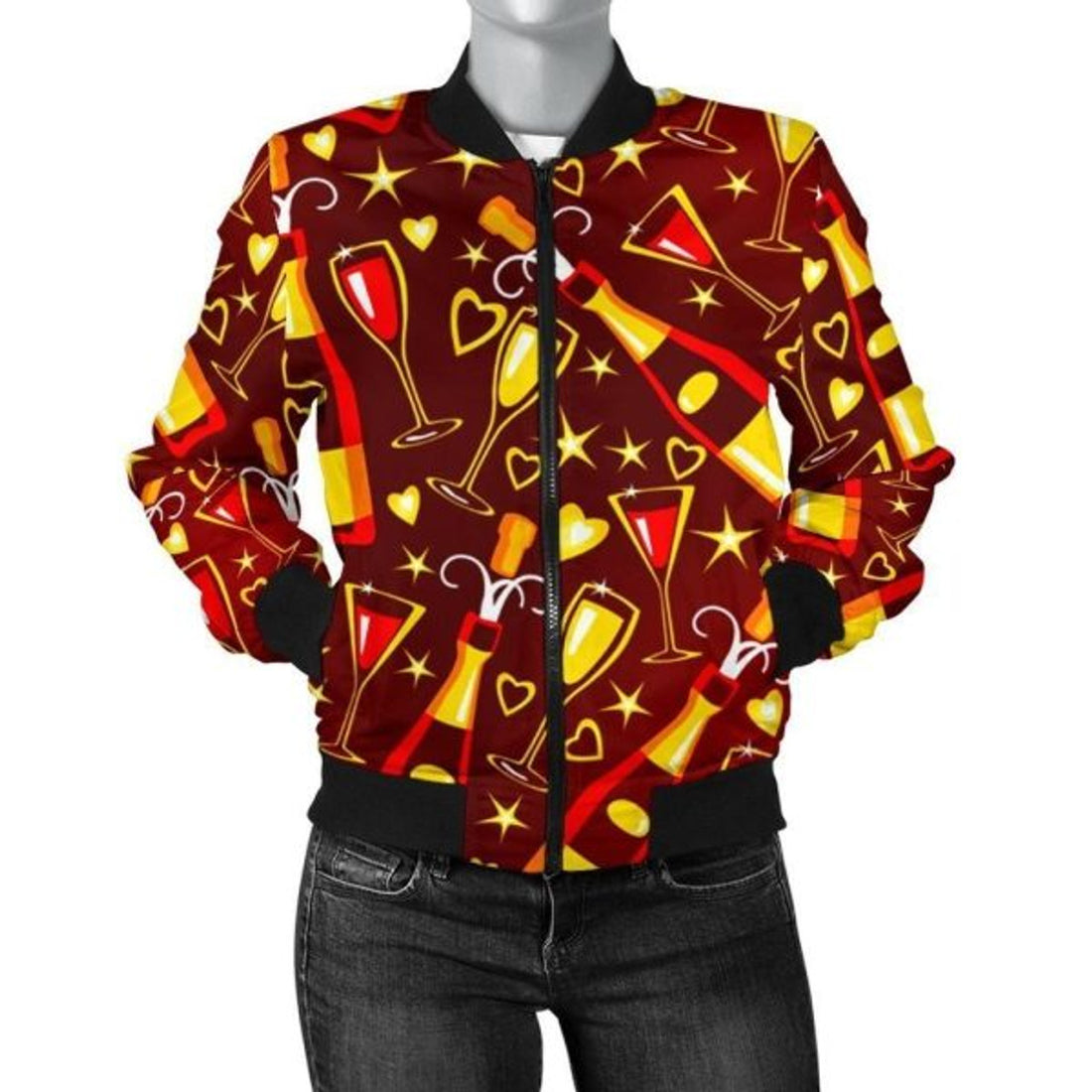 FUNSTUFFPRINT Champagne Pattern Print Women Casual 3D Bomber Jacket