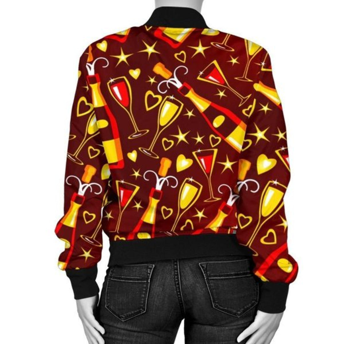FUNSTUFFPRINT Champagne Pattern Print Women Casual 3D Bomber Jacket