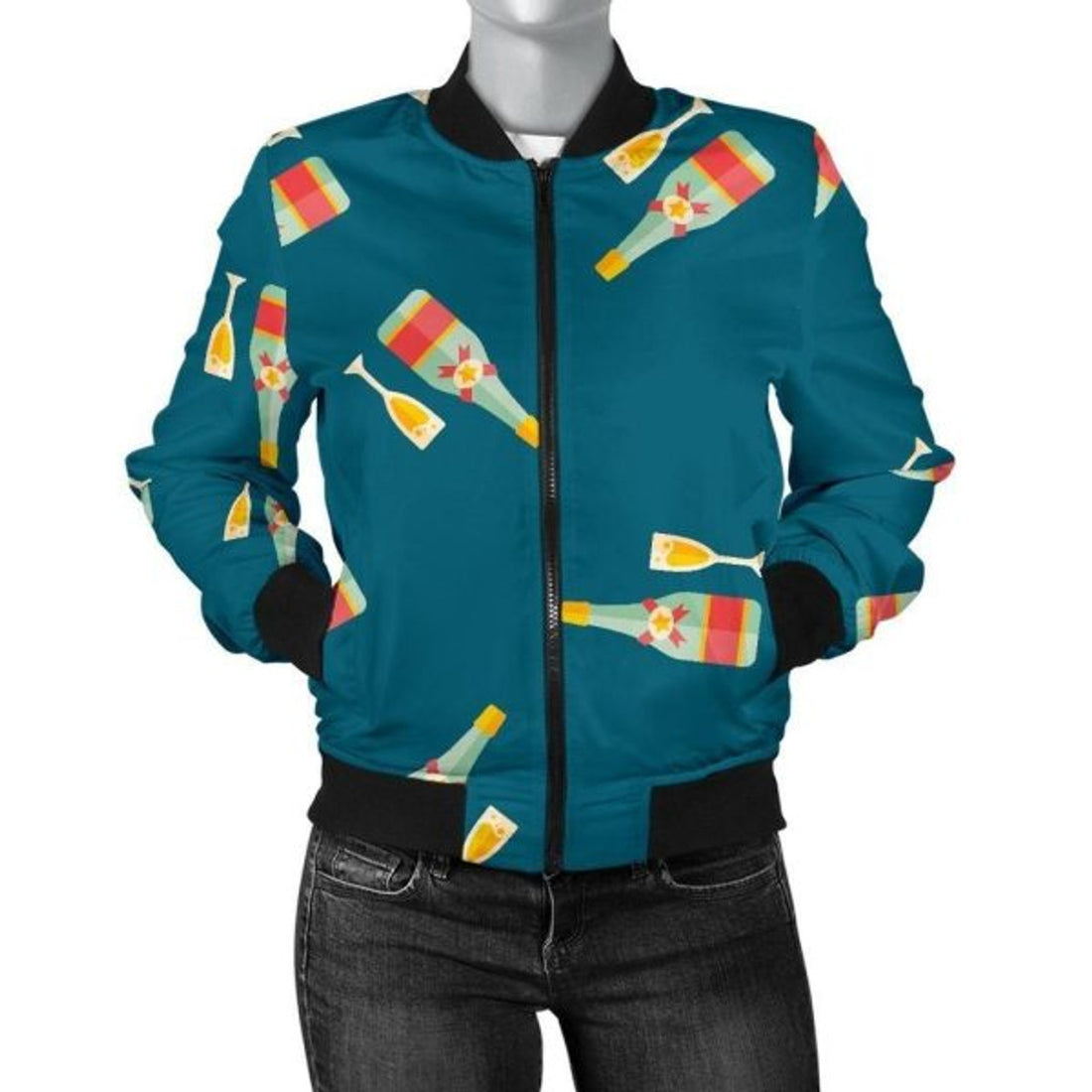 FUNSTUFFPRINT Champagne Print Pattern Women Casual 3D Bomber Jacket