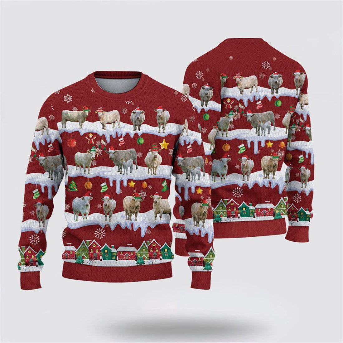FUNSTUFFPRINT Charolais Christmas Knitted Sweater, Gifts For Farmers, Rural Lovers Ugly  Sweater