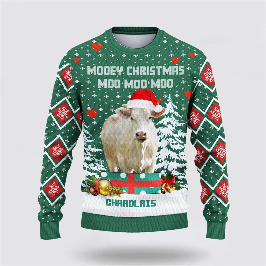 FUNSTUFFPRINT Charolais Green Merry Christmas Ugly Sweater, Gifts For Farmers Ugly Sweater