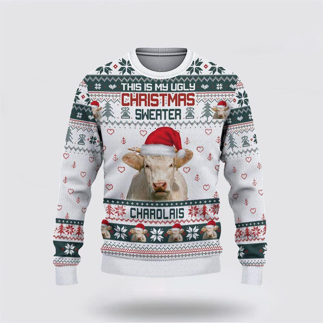 FUNSTUFFPRINT Charolais Green Merry Christmas Ugly Sweater, Gifts For Farmers, Rural Lovers Ugly Sweater